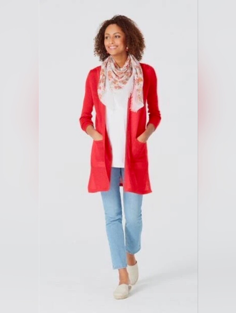 J Jill Red Long-Length Open-Front Cardigan Sweater Pockets Linen & Viscose